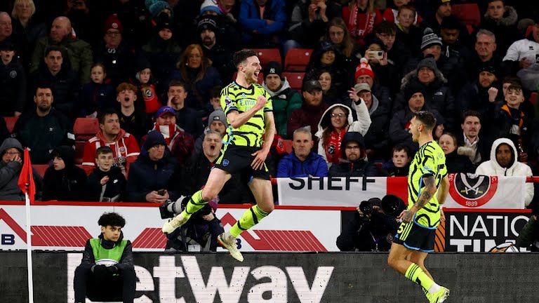 Pemain Arsenal melakukan selebrasi usai mencetak gol ke gawang Sheffield dalam lanjutan Liga Inggris, Selasa (5/3/2024). Arsenal menang 6-0. Foto:Reuters