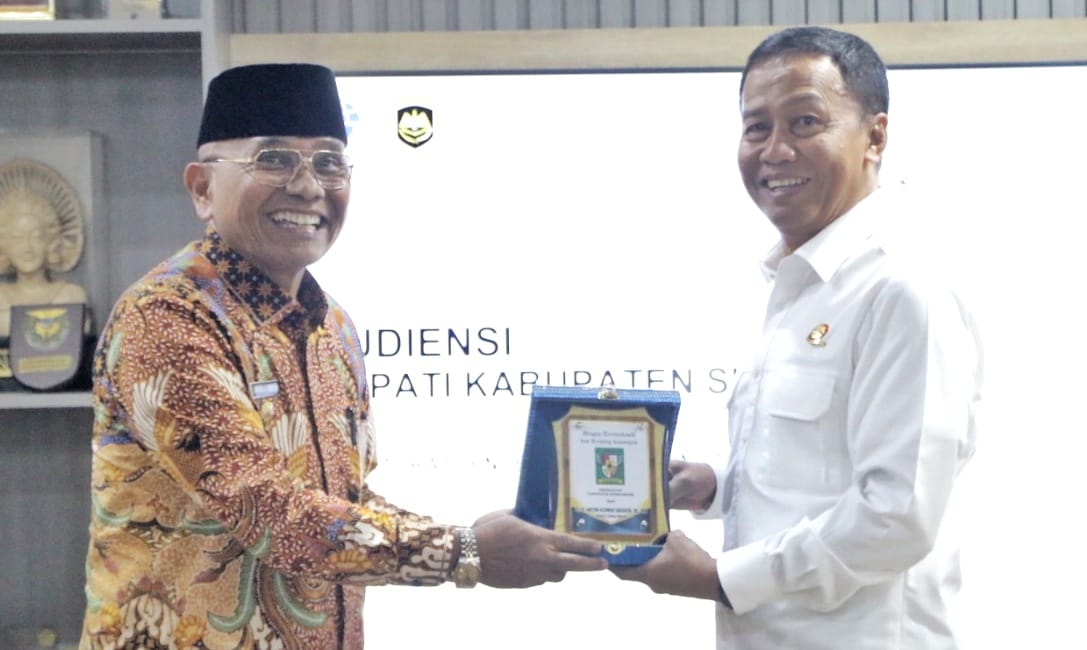 Bupati Simalungun menyerahkan cindera mata kepada Direktur Jenderal Perhubungan Darat Aan Suhanan. Foto: Dinas Kominfo Simalungun